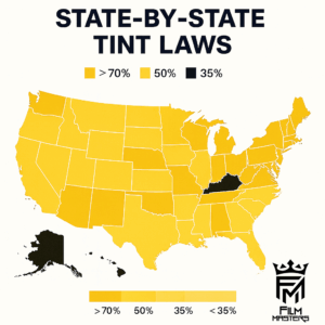 US map showing state-by-state tint laws with a color-coded legend indicating tint percentages. Film Masters FL